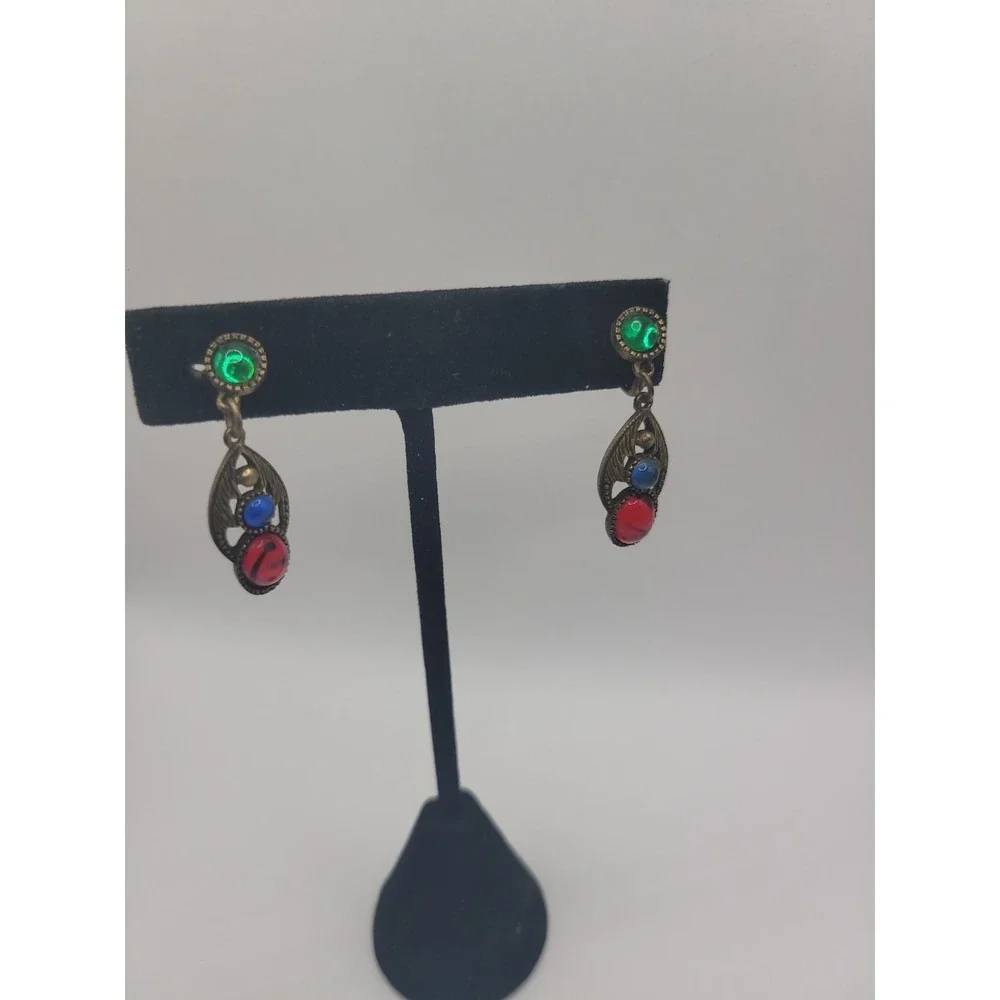 Vintage Multicolor Glass Cabochon Clip On Earrings Red Blue Green Gold Tone Dang